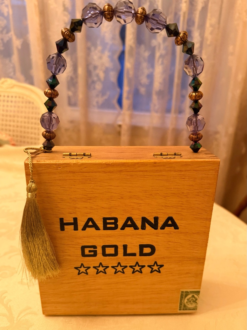 Habana Gold Wooden Box Handbag with Purple Beaded Handle